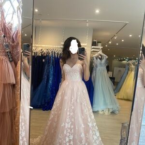 Sherri Hill Pink Strapless Gown with Floral Lace